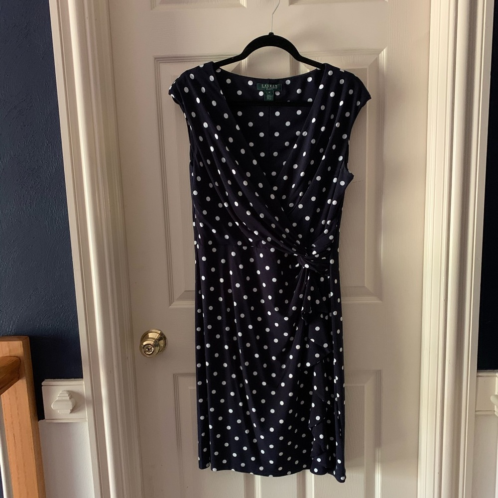 EUC Lauren navy and white polka dot dress